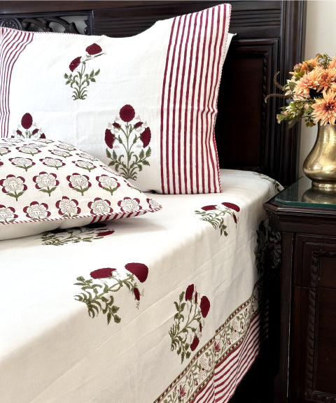 Scarlet Serenity Block Printed Bedsheet 500TC