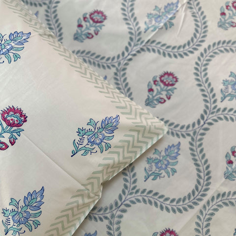 Blush Blue Vineyard Block Printed Bedsheet