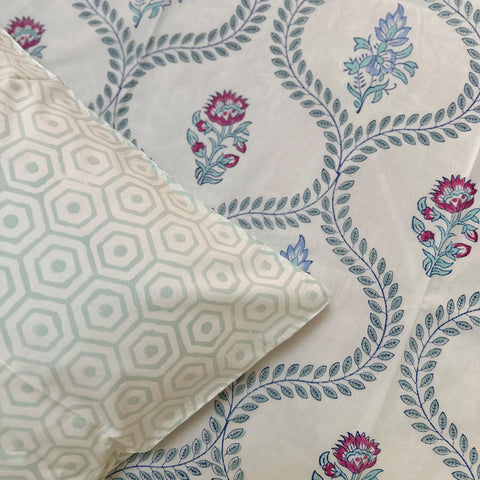Blush Blue Vineyard Block Printed Bedsheet