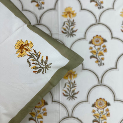 Golden Daffodil Bloom Block Printed Bedsheet