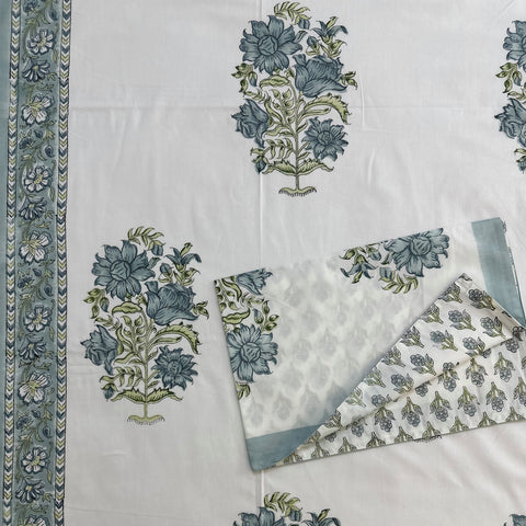 Aqua Royal Bouquet Block Printed Bedsheet