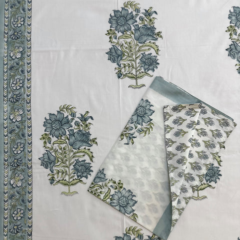 Aqua Royal Bouquet Block Printed Bedsheet