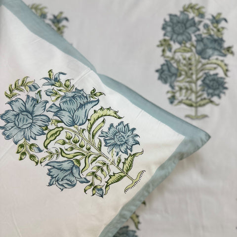 Aqua Royal Bouquet Block Printed Bedsheet