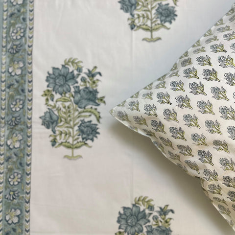 Aqua Royal Bouquet Block Printed Bedsheet