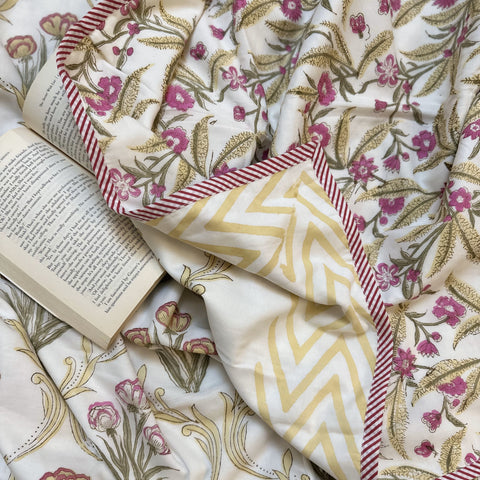 Golden Bloom Mesh Block Printed Single-Bed Dohar