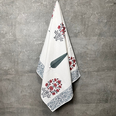 Red Chrysanthemum Block Printed Waffle Cotton Body Towel