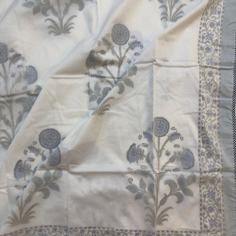 Blue Floral Whispher Block Printed Double Bed Mulmul Dohar