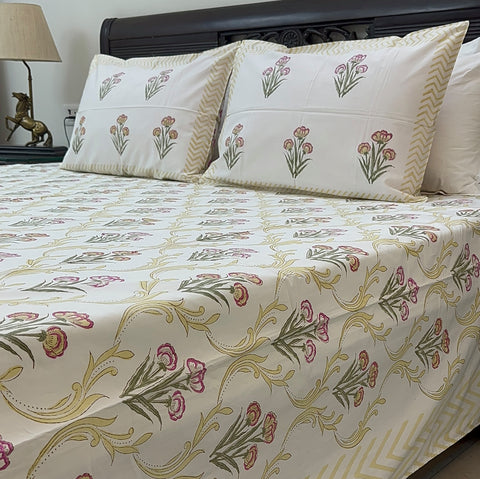 Golden Bloom Mesh Block Printed Bedsheet