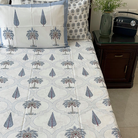 Blue Palm Jaal Block Printed Bedsheet