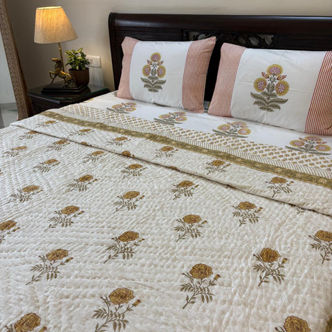 Marigold Double Bed Hand Block Printed Quilt