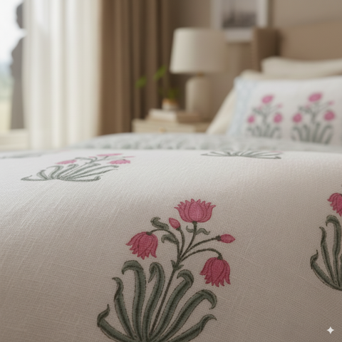 Swarna Champa TNT Bedcover - Pink Floral Block Print jute-cotton blend bedding for Festival Home Decor and Bedroom Upgrades