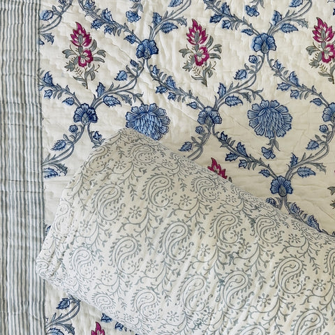 Blue Meadow Jaal Hand Block Printed Single-Bed Quilt