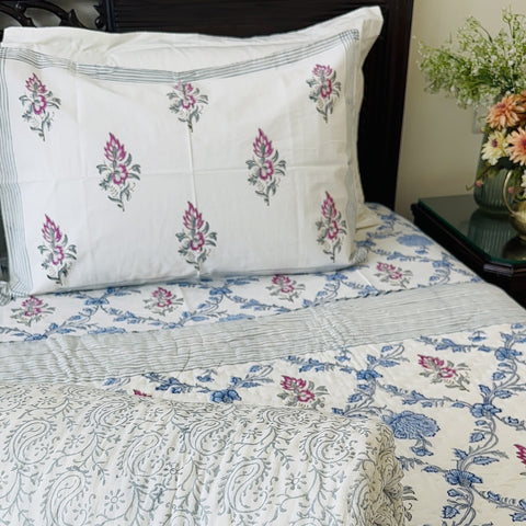 Blue Meadow Jaal Hand Block Printed Single-Bed Quilt