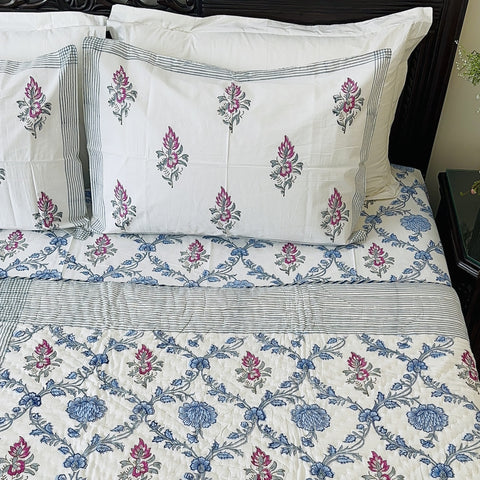 Blue Meadow Jaal Hand Block Printed Single-Bed Quilt