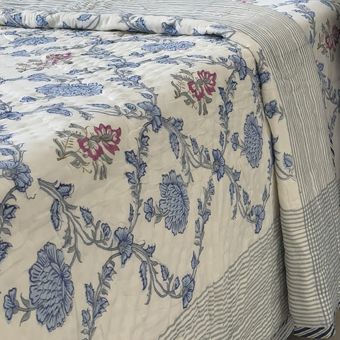 Blue Meadow Jaal Hand Block Printed Single-Bed Quilt