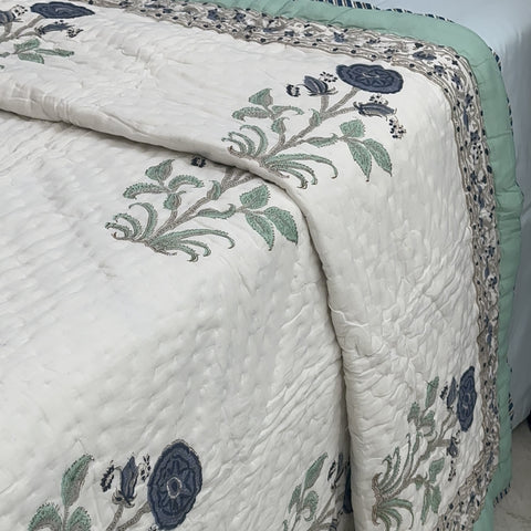 Blue Poppy Hand Block Printed Single-Bed Quilt