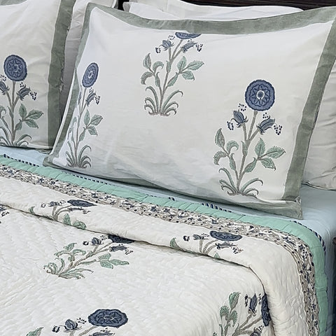 Blue Poppy Hand Block Printed Single-Bed Quilt