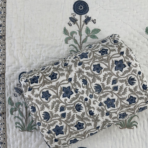 Blue Poppy Hand Block Printed Single-Bed Quilt