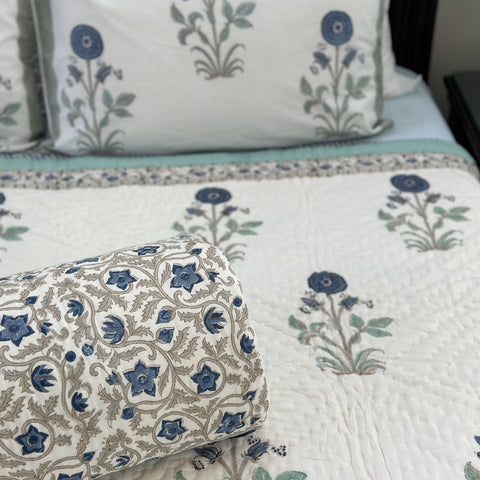 Blue Poppy Hand Block Printed Single-Bed Quilt