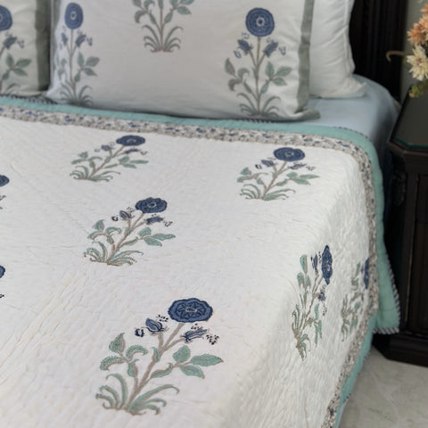 Blue Poppy Hand Block Printed Single-Bed Quilt