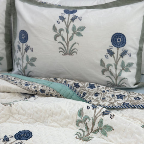 Blue Poppy Hand Block Printed Single-Bed Quilt