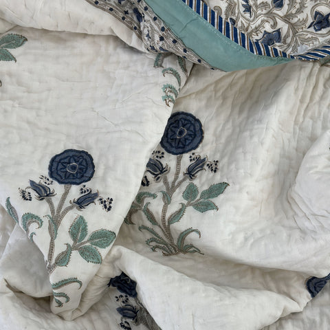 Blue Poppy Hand Block Printed Single-Bed Quilt