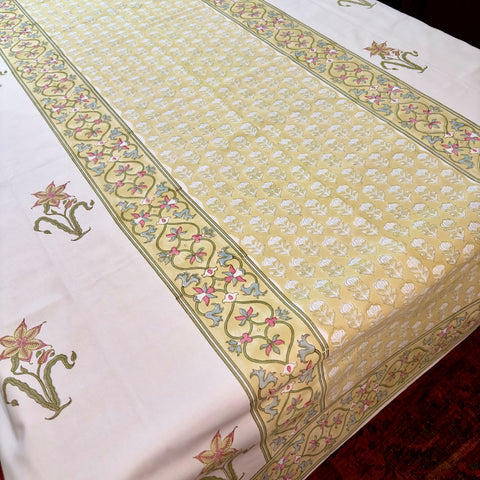 Golden Bloom Block Printed Table Cloth