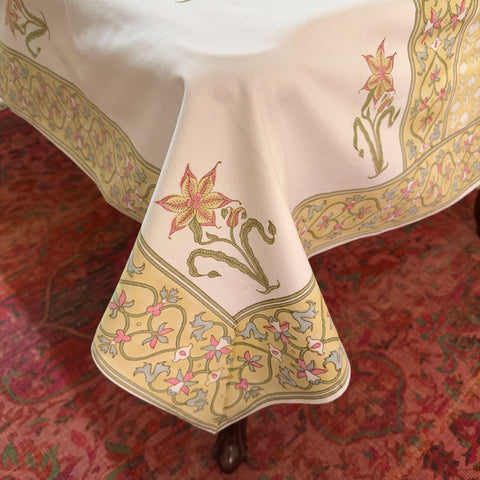 Golden Bloom Block Printed Table Cloth