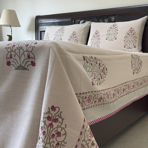 Ruby Floral Retreat Slub Cotton Block Printed Bedcover