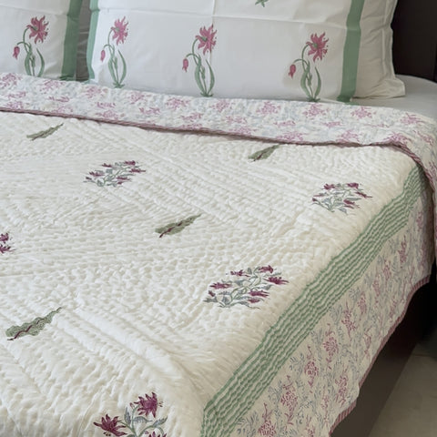 Pastel Breeze Hand Block Printed Single-Bed Quilt