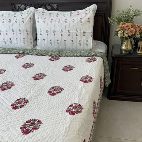 Green Oasis Bouquet Hand Block Printed Single-Bed Quilt