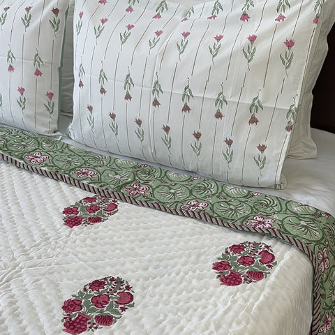 Green Oasis Bouquet Hand Block Printed Single-Bed Quilt