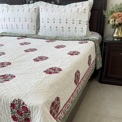 Green Oasis Bouquet Hand Block Printed Single-Bed Quilt