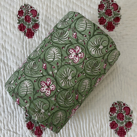 Green Oasis Bouquet Hand Block Printed Single-Bed Quilt