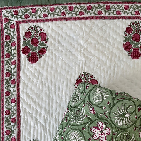 Green Oasis Bouquet Hand Block Printed Single-Bed Quilt