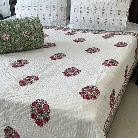 Green Oasis Bouquet Hand Block Printed Single-Bed Quilt