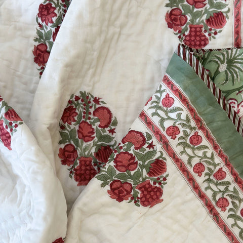 Green Oasis Bouquet Hand Block Printed Single-Bed Quilt