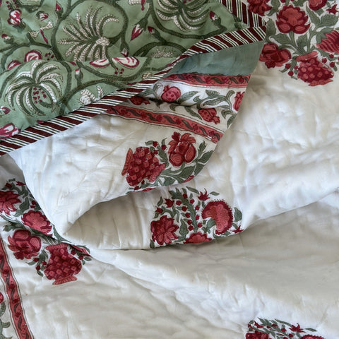 Green Oasis Bouquet Hand Block Printed Single-Bed Quilt