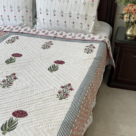 Deep Crimson Hydrangeas Hand Block Printed Single-Bed Quilt