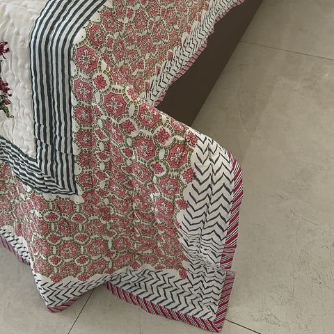 Deep Crimson Hydrangeas Hand Block Printed Single-Bed Quilt