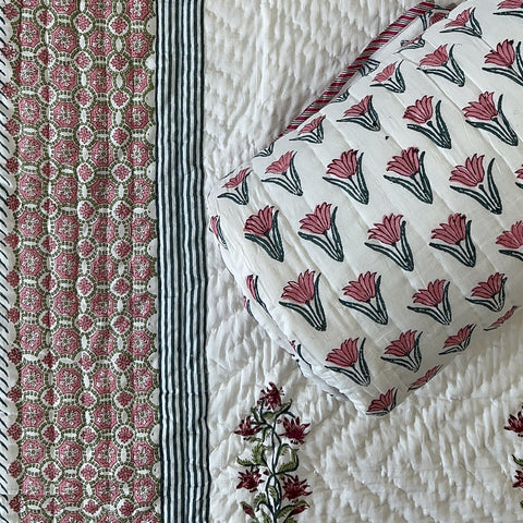 Deep Crimson Hydrangeas Hand Block Printed Single-Bed Quilt