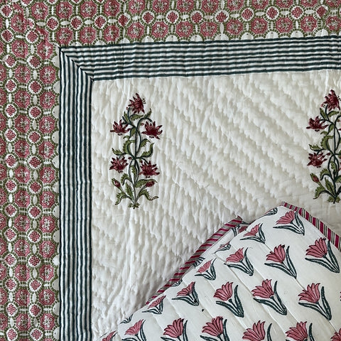 Deep Crimson Hydrangeas Hand Block Printed Single-Bed Quilt