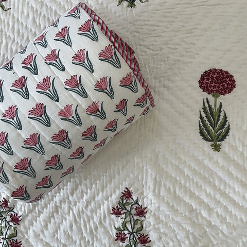 Deep Crimson Hydrangeas Hand Block Printed Single-Bed Quilt