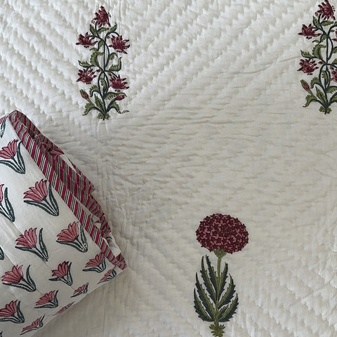 Deep Crimson Hydrangeas Hand Block Printed Single-Bed Quilt