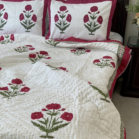 Poppy Passion Hand Block Printed Single-Bed Quilt