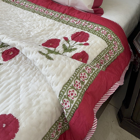 Poppy Passion Hand Block Printed Single-Bed Quilt