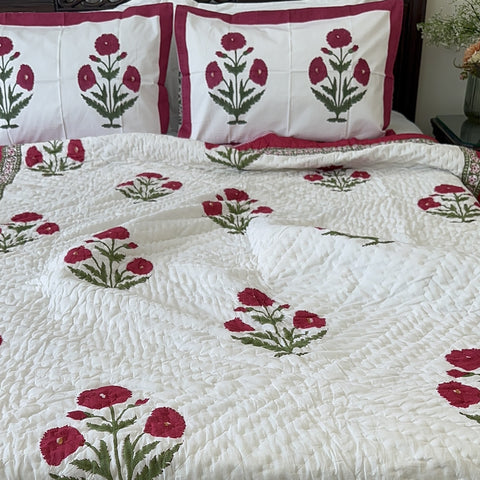 Poppy Passion Hand Block Printed Single-Bed Quilt