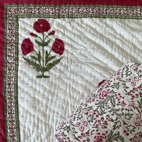 Poppy Passion Hand Block Printed Single-Bed Quilt