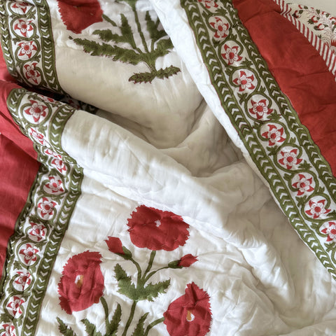 Poppy Passion Hand Block Printed Single-Bed Quilt