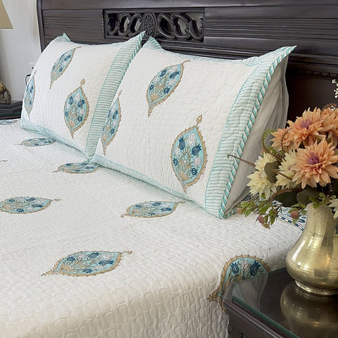 Aqua Blossom Harmony Quilted Bedcover